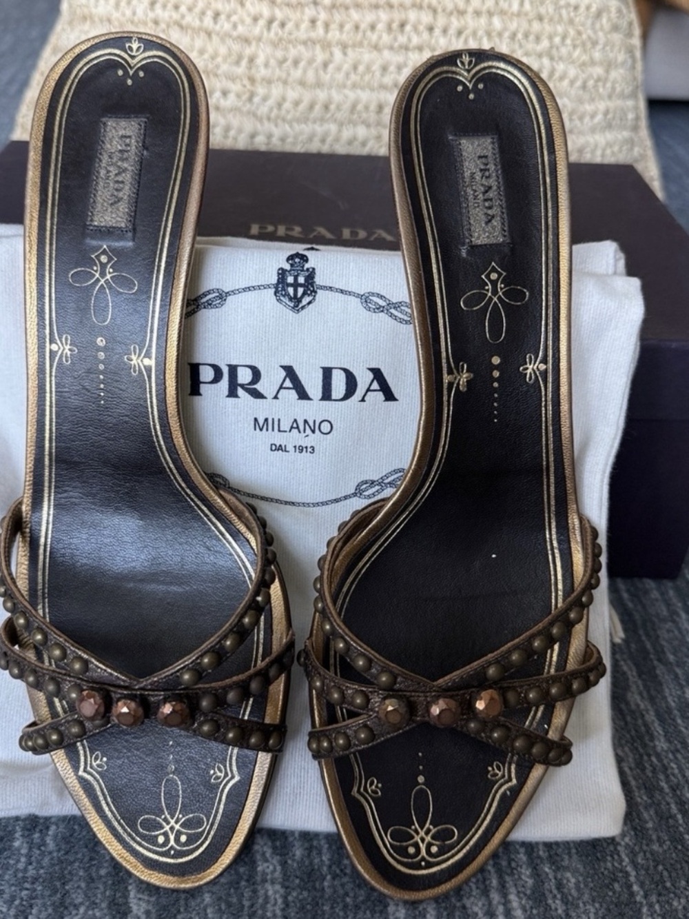 Prada Bronze Studded Strappy Heeled Sandals